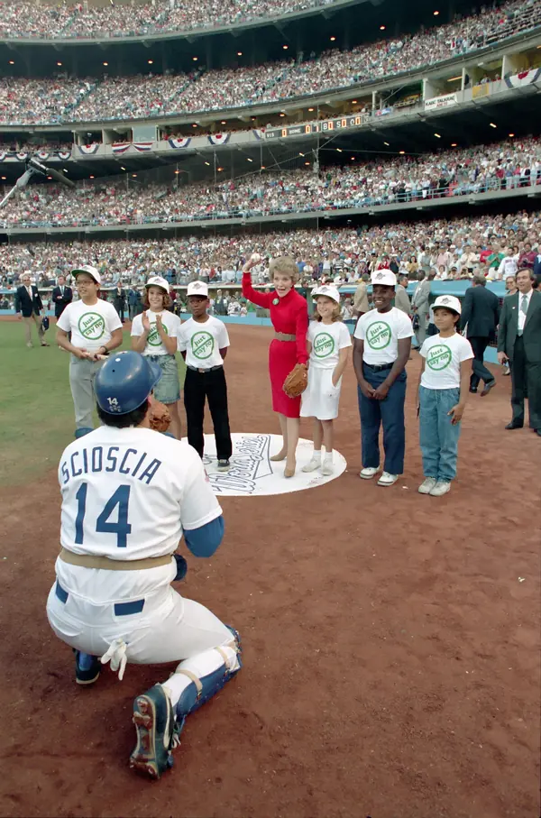 Nancy Reagan throws out the first pitch to Mike Scioscia at World Series Game 2, Dodger Stadium, October 16, 1988 (the day after the home run)