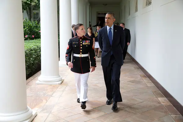 President Obama walks with Cpl. Kyle Carpenter on the Colonnade to the ceremony, June 19, 2014