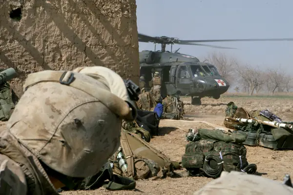 A UH-60 Black Hawk lands for a medical evacuation on the outskirts of Marjah, February 13, 2010 (not his evacuation)