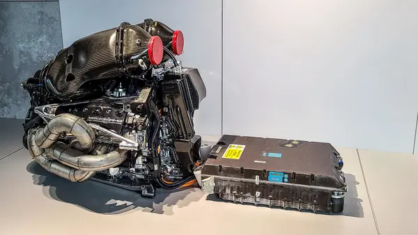 A Mercedes Formula One power unit on show at the Formula 1 Exhibition, Madrid, April 13, 2023 (not his 2021 engine)