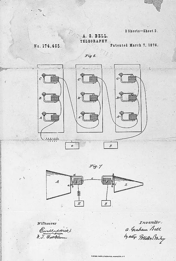 Sheet 2 of Alexander Graham Bell’s US Patent 174,465, March 7, 1876 (not necessarily the patent Latimer drew for)
