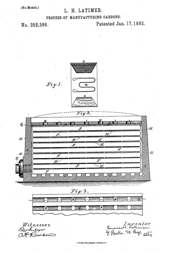 Latimer’s US Patent 252,386, Process of Manufacturing Carbons, January 17, 1882