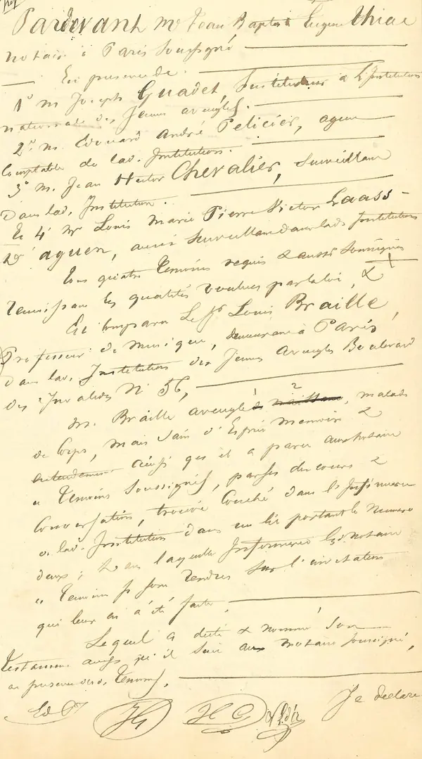 The first page of Louis Braille’s will, December 26, 1851, Archives nationales (cropped)