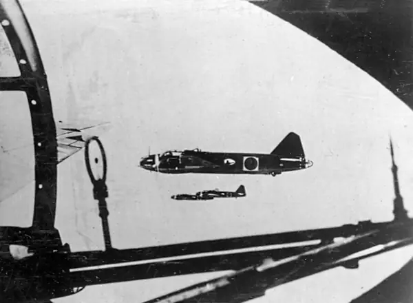Japanese Mitsubishi G4M “Betty” bombers in flight, a captured Japanese photo, about 1942–44 (not the bomber that strafed the raft)