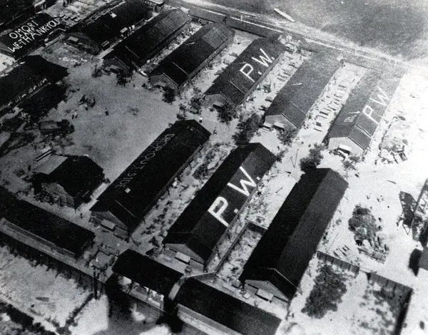 The Omori prisoner-of-war camp, Tokyo, from the air, August 1945, with “P.W.” painted on its roofs