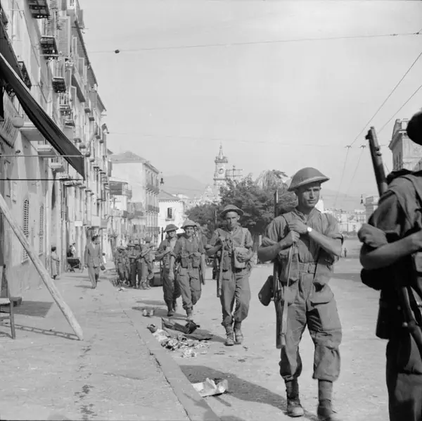 British infantry enter Salerno, September 10, 1943