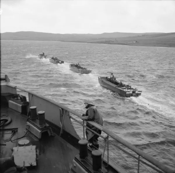 Landing craft head for the shore in the raid on Vaagso, Norway, December 27, 1941