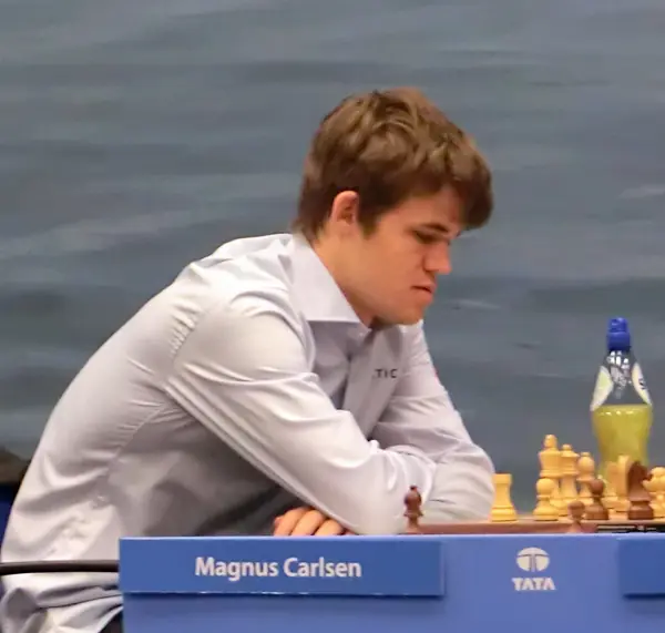 Magnus Carlsen at his board, Tata Steel tournament, Wijk aan Zee, January 2013 (not Harvard)