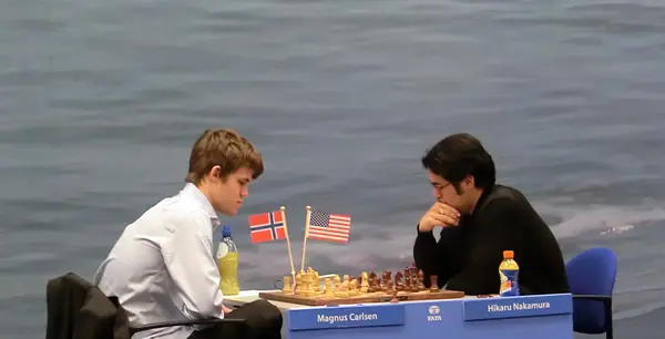 Magnus Carlsen (left) playing Hikaru Nakamura, Tata Steel tournament, Wijk aan Zee, January 2013 (not Harvard)