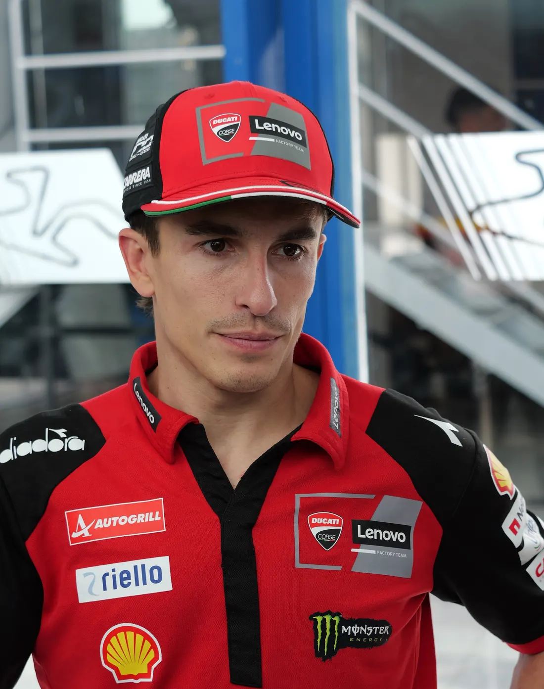Marc Márquez in Ducati team kit at the 2026 Spanish Grand Prix, April 2026 (months after the 2025 title)