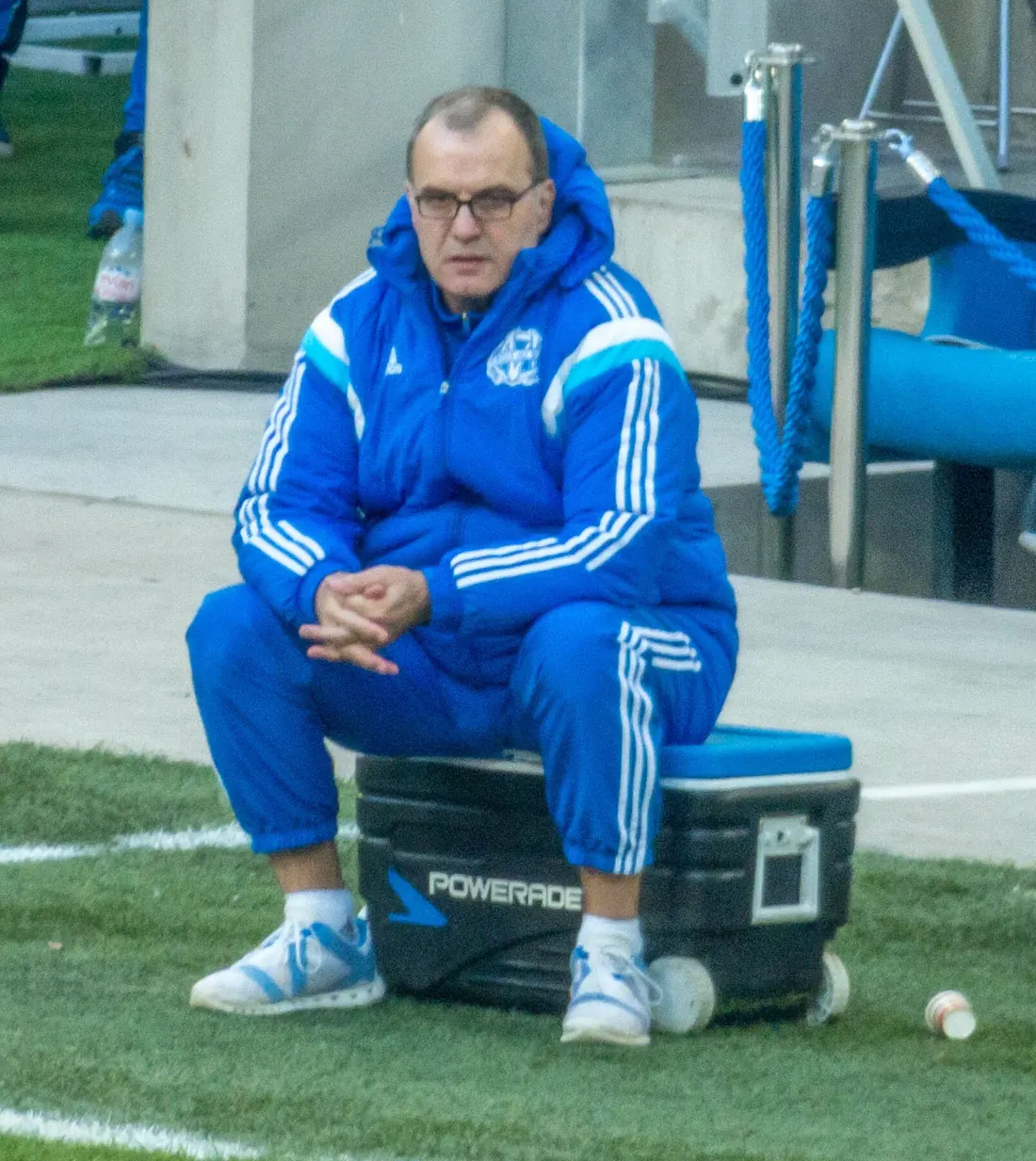 Marcelo Bielsa on a cooler box by the Marseille bench, Stade Vélodrome, Marseille, January 31, 2015 (not Leeds)
