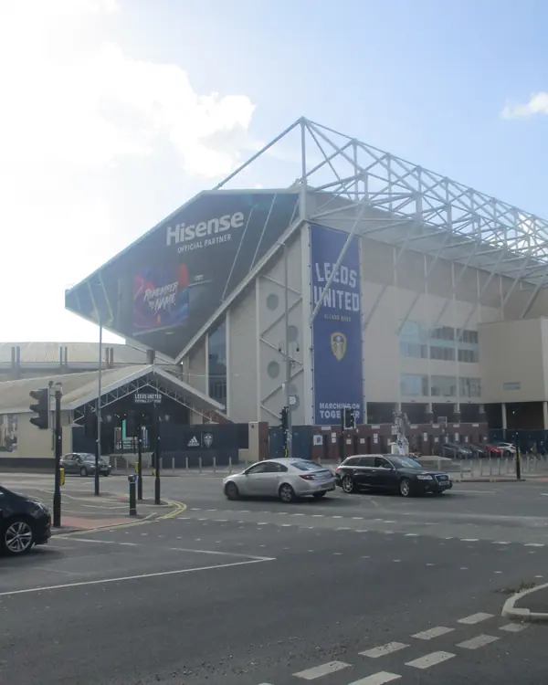 Elland Road’s East Stand from the street, Leeds, August 11, 2023 (cropped; not the day of the 2019 game)