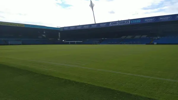 Elland Road empty, looking at the West Stand from pitch side, July 30, 2022