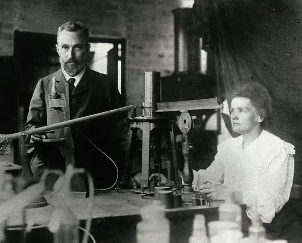 Pierre and Marie Curie in their laboratory, printed in Popular Science Monthly, 1904 (not the 1898 discoveries)
