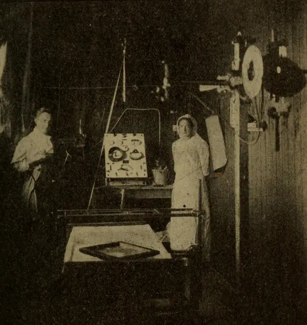 The X-ray room of military hospital no. 112, Amiens, 1916, plate III of her book La radiologie et la guerre (1921)