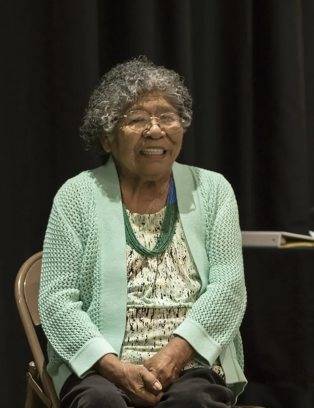 Marie Wilcox smiling as she receives a Lifetime Achievement Award at a community awards night, Woodlake, California, March 4, 2016 (not her work on the dictionary)