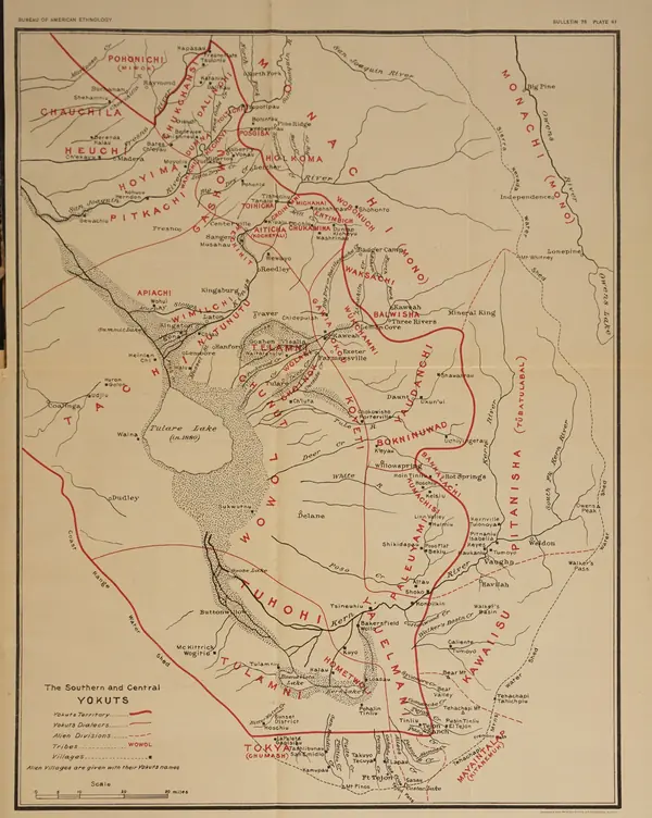 “The Southern and Central Yokuts,” A. L. Kroeber’s 1925 map, marking WUKCHAMNI near Lemon Cove, Three Rivers and Visalia