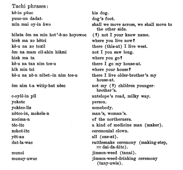 Tachi Yokuts phrases written down by A. L. Kroeber, 1907 (another Yokuts dialect, not her writing)
