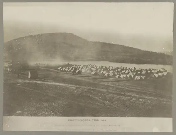 Chattanooga, Tenn. 1864. Lookout Mountain, from near the rolling mill, looking southwest, camp of the Engineer's Brigade, Army of the Cumberland LCCN2012648046
