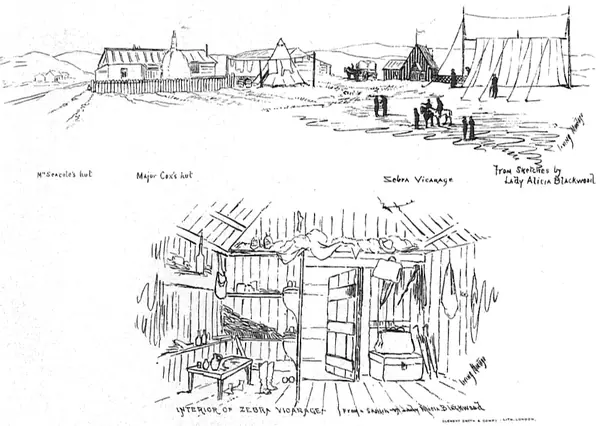 Huts in the Crimea, the one at left labeled “Mrs Seacole’s hut,” drawn by Irving Montagu from sketches by Lady Alicia Blackwood; below, the inside of another hut, the “Zebra Vicarage”