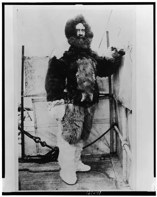 Robert Peary, full-length portrait, standing, facing front, in fur garments LCCN98502720