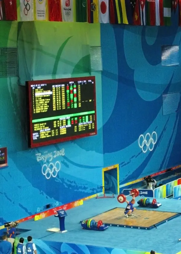 The Beijing 2008 weightlifting hall and scoreboard during the 85-kilogram event, August 15, 2008 (not Steiner’s final)