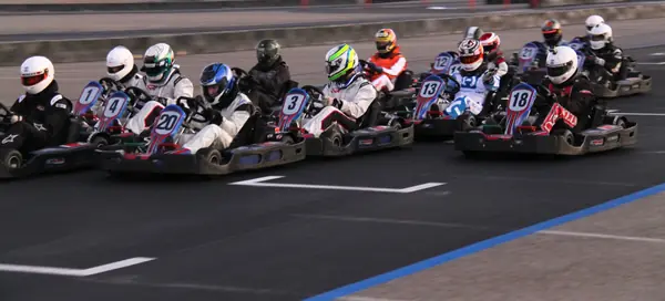 Karts at the start of a race at CalSpeed Karting, California, January 2012 (not Max vs 100)