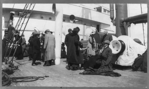 Unidentified Titanic survivors on the deck of the Carpathia, 1912