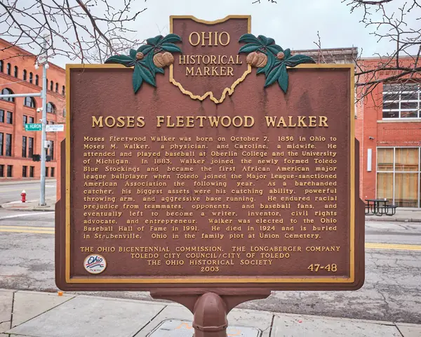 The Ohio Historical Marker for Moses Fleetwood Walker, Toledo, photographed in 2024