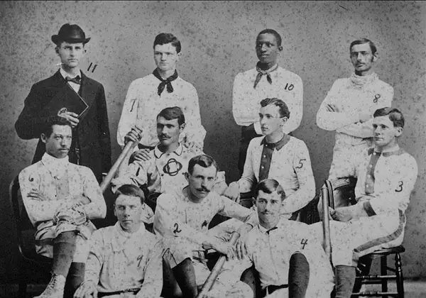 Oberlin College’s first varsity baseball team, 1881; Walker (No. 6) is seated at left