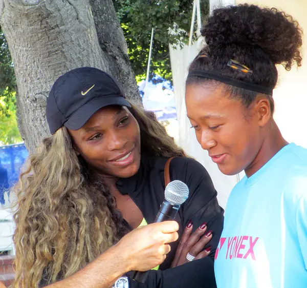 Naomi Osaka, 16, beside Serena Williams during an interview at the Bank of the West Classic, Stanford, July 28, 2014 (not 2018)