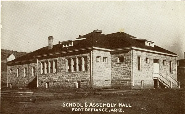 School and Assembly Hall, Fort Defiance, Arizona (a postcard that stands here for the boarding schools in general)