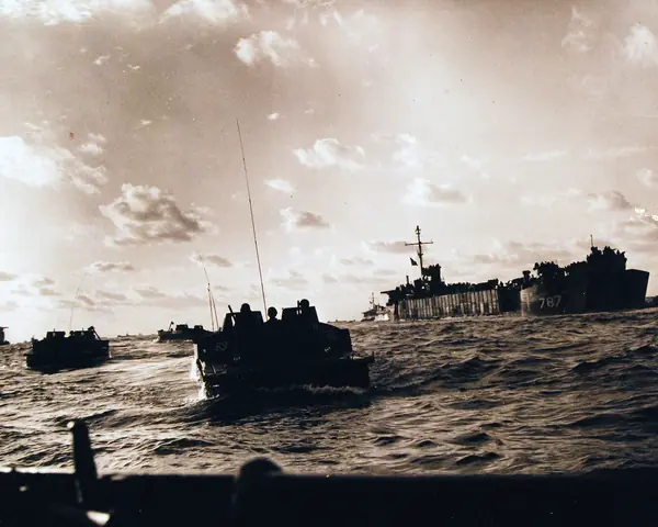 Amtracs leave LST-787 for the beaches of Iwo Jima, February 19, 1945 (US Navy 80-G-304871)