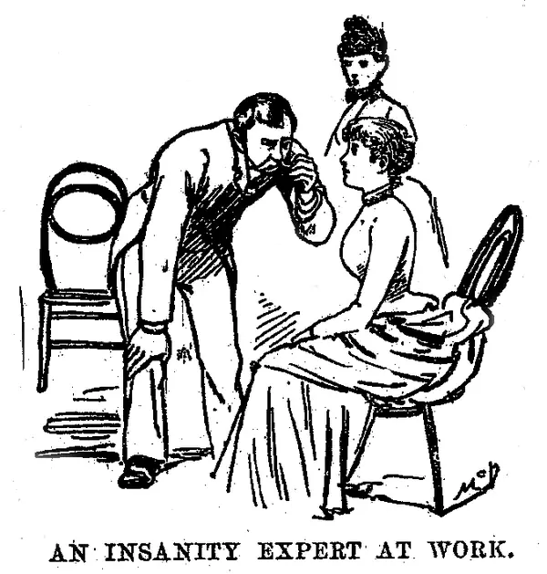 “An insanity expert at work,” an illustration from Ten Days in a Mad-House (1887)