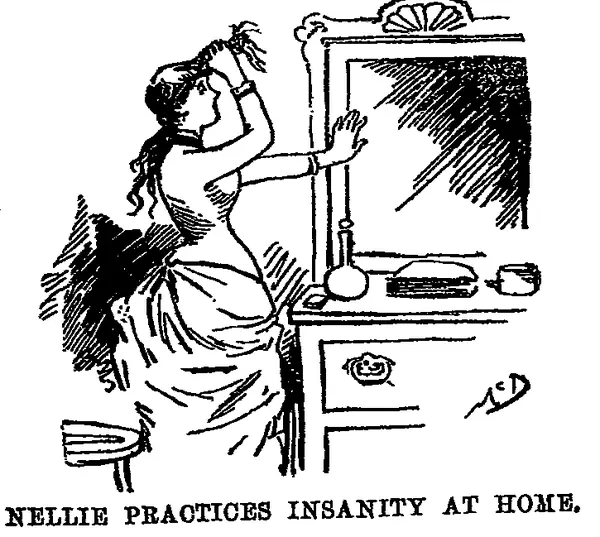 “Nellie practices insanity at home,” an illustration from Ten Days in a Mad-House (1887)