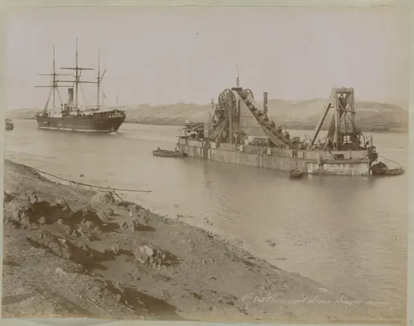 A steamship and a dredger in the Suez Canal, 1885 (not Nellie Bly’s ship)