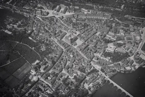 The Prague Castle district and the Charles Bridge from the air, 1931 (cropped)