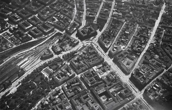 Wenceslas Square, the National Museum and the main station, Prague, from the air, 1931 (cropped)