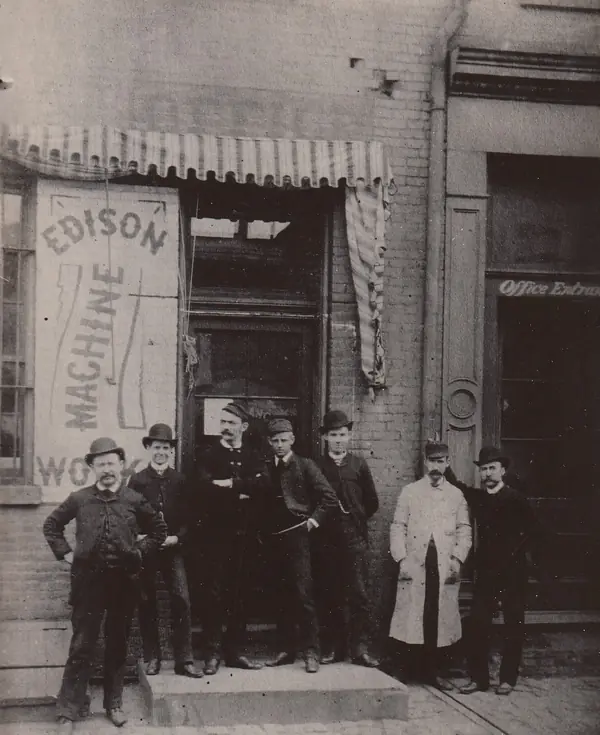 Employees outside the Edison Machine Works, Goerck Street, New York, 1885