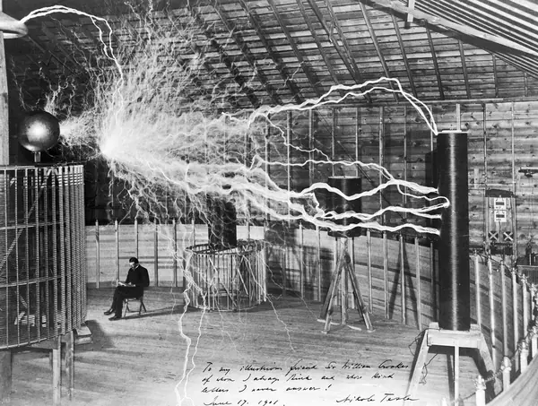 Tesla in his Colorado Springs laboratory, December 1899, a multiple exposure by Dickenson V. Alley