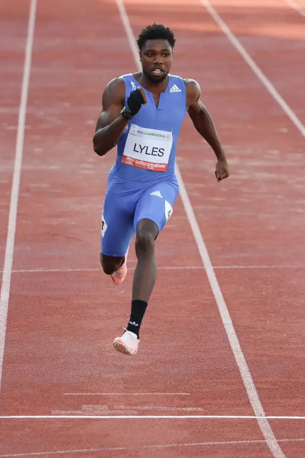 Noah Lyles running the 100 m at the Gyulai Memorial, Székesfehérvár, Hungary, August 19, 2020 (not Paris)