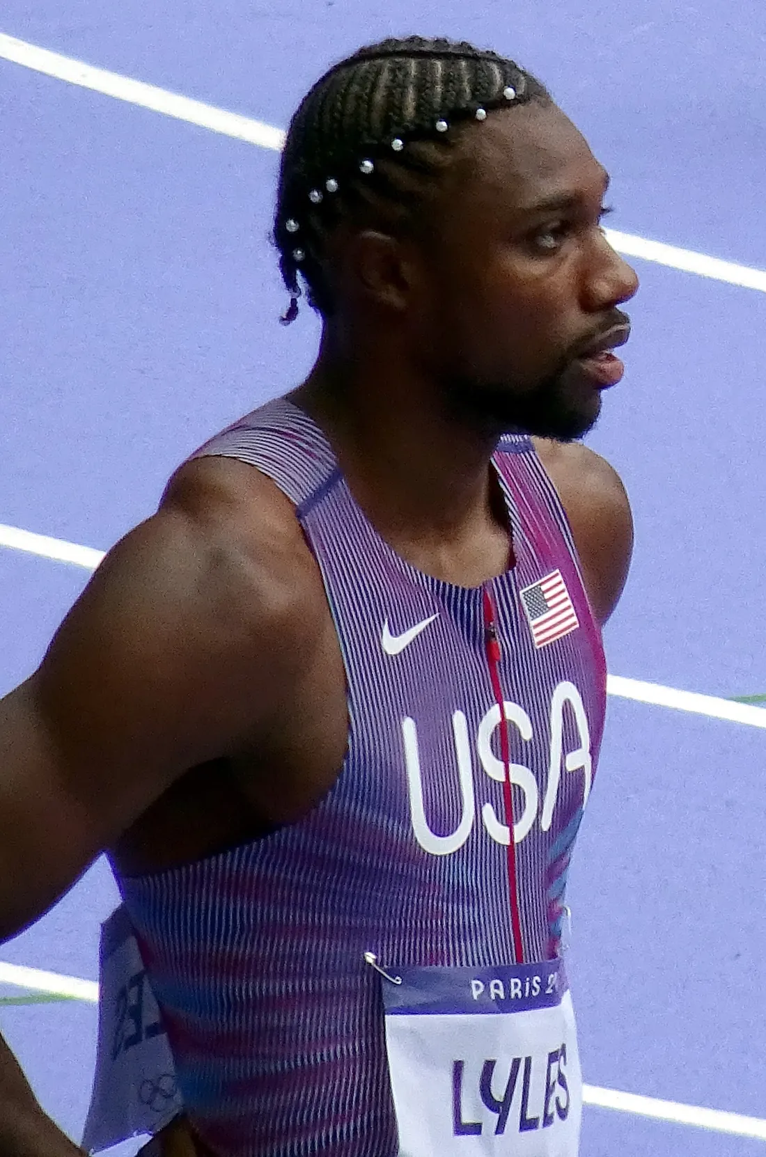 Noah Lyles in the men’s 100 m first round, Stade de France, Paris, August 3, 2024 (the day before the final)
