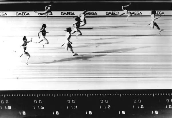 A photo-finish picture of Marlies Oelsner’s 100 m world record race, Dresden, East Germany, July 1, 1977 (not the Paris race)