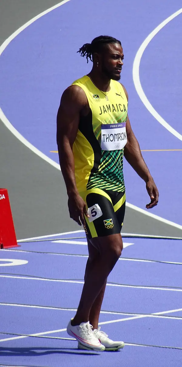 Kishane Thompson on the track in the men’s 100 m first round, Stade de France, Paris, August 3, 2024 (not the final)