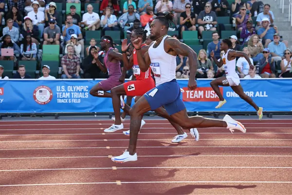 A men’s 100 m race at the US Olympic Trials, Eugene, Oregon, June 23, 2024; Lyles is in red (not Paris)