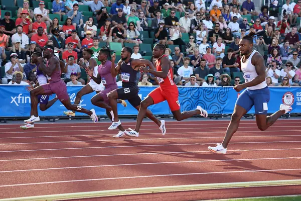 The same 100 m race at the US Olympic Trials, Eugene, Oregon, June 23, 2024; Lyles is in red (not Paris)