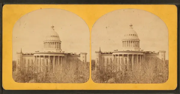 The old Wisconsin State Capitol, Madison, where Old Abe lived and died; stereograph, about 1870–85