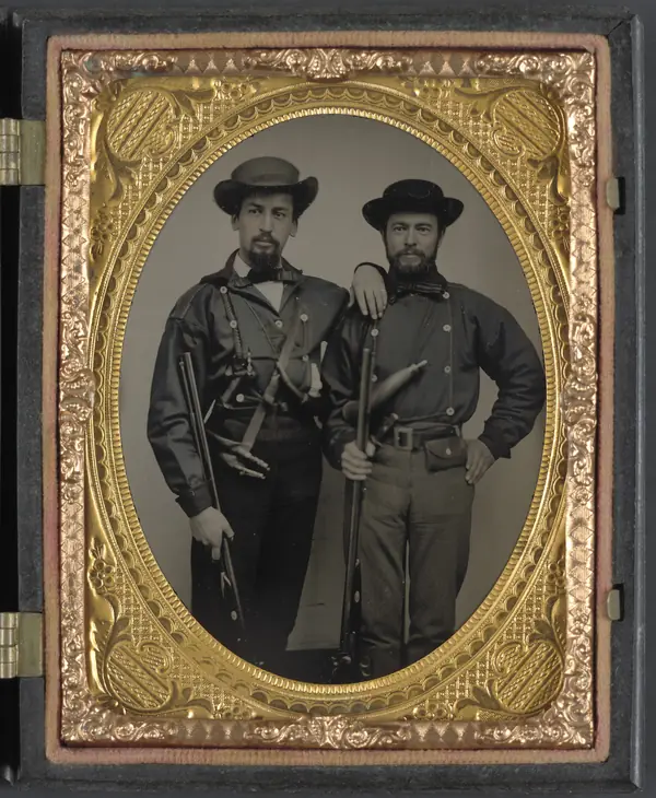 Two unidentified soldiers in Mississippi battle shirts, ambrotype, 1861–65 (not known to have faced Old Abe)