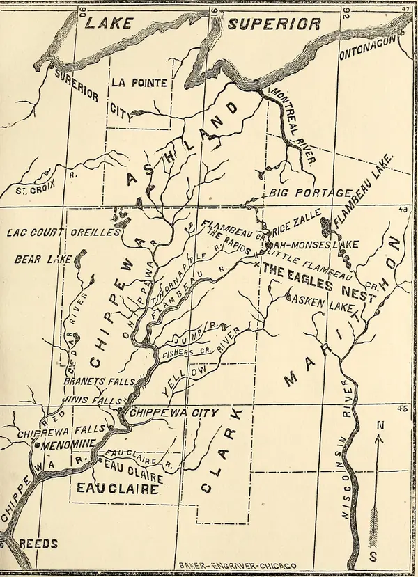Map from J. O. Barrett’s History of “Old Abe” (1865), marking “The Eagles Nest” and Eau Claire