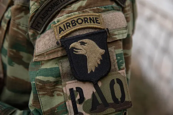 A 101st Airborne Division patch on a uniform sleeve, 2022
